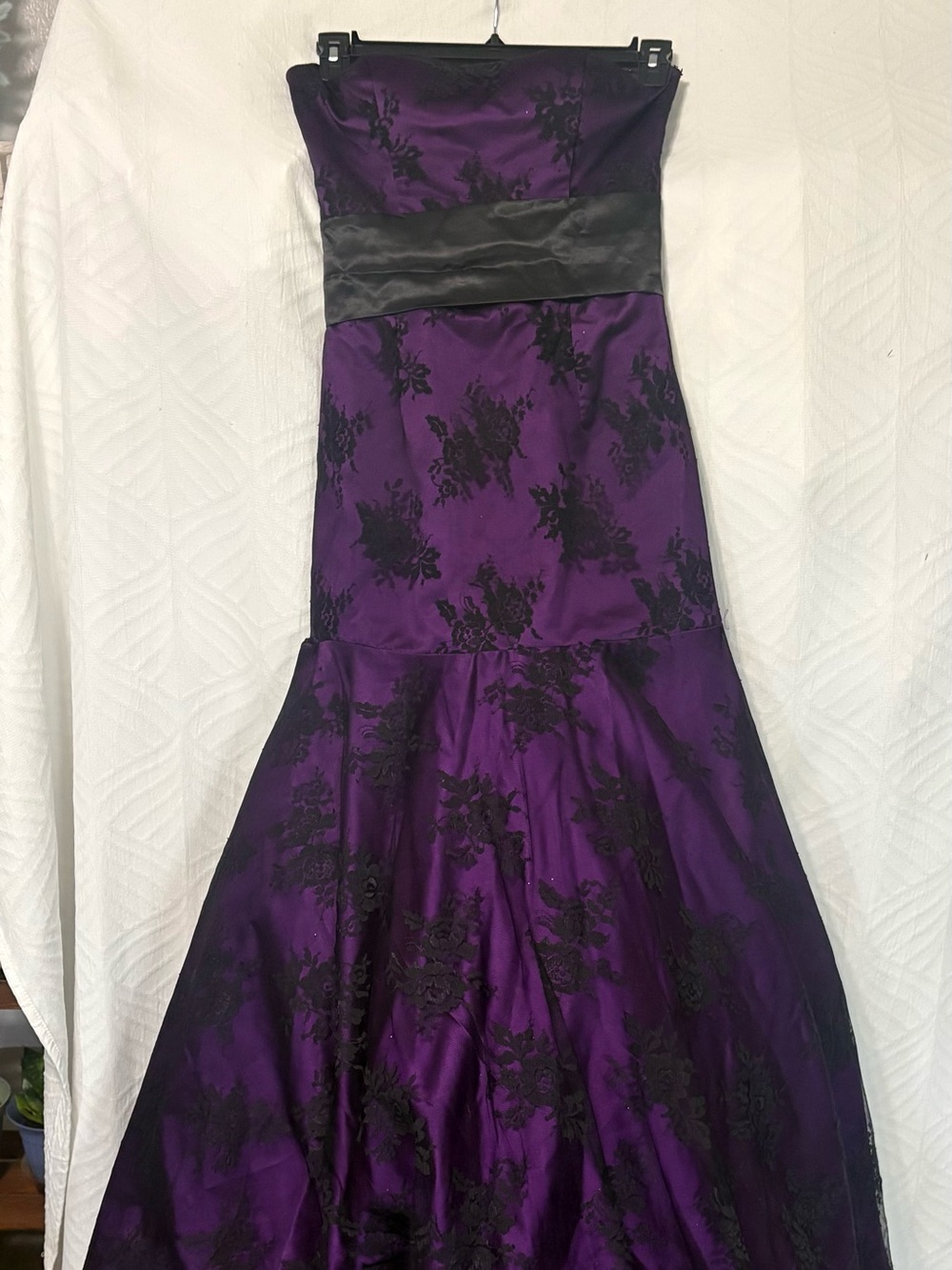 Morgan and Co. Vintage Prom Dress Purple and Black Lace Overlay Strapless Corset